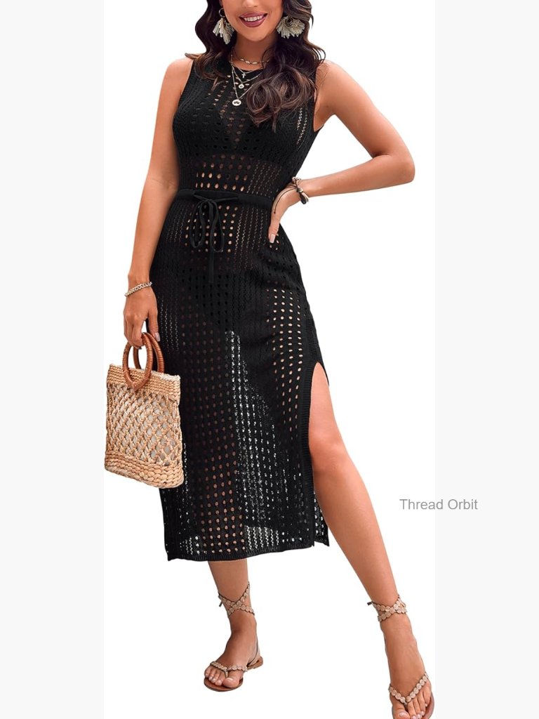 Crochet Hollow Out Long Bathing Suit Coverup Side Split Beach Dress